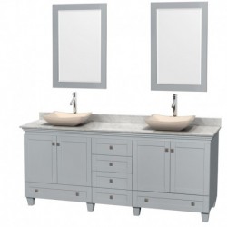 80 inch Double Bathroom Vanity in Oyster Gray, White Carrera Marble Countertop, Avalon Ivory Marble Sinks, and 24 inch Mirrors