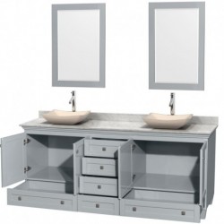 80 inch Double Bathroom Vanity in Oyster Gray, White Carrera Marble Countertop, Avalon Ivory Marble Sinks, and 24 inch Mirrors