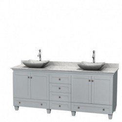 80 inch Double Bathroom Vanity in Oyster Gray, White Carrera Marble Countertop, Avalon White Carrera Marble Sinks, and No Mirro