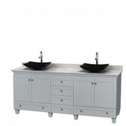 80 inch Double Bathroom Vanity in Oyster Gray, White Carrera Marble Countertop, Arista Black Granite Sinks, and No Mirrors