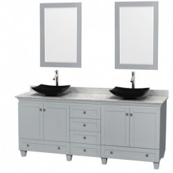 80 inch Double Bathroom Vanity in Oyster Gray, White Carrera Marble Countertop, Arista Black Granite Sinks, and 24 inch Mirrors