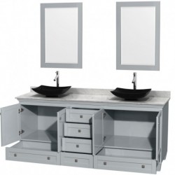 80 inch Double Bathroom Vanity in Oyster Gray, White Carrera Marble Countertop, Arista Black Granite Sinks, and 24 inch Mirrors