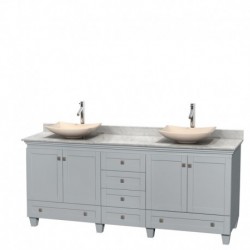 80 inch Double Bathroom Vanity in Oyster Gray, White Carrera Marble Countertop, Arista Ivory Marble Sinks, and No Mirrors