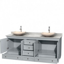 80 inch Double Bathroom Vanity in Oyster Gray, White Carrera Marble Countertop, Arista Ivory Marble Sinks, and No Mirrors