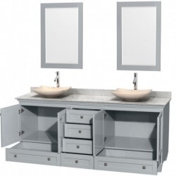 80 inch Double Bathroom Vanity in Oyster Gray, White Carrera Marble Countertop, Arista Ivory Marble Sinks, and 24 inch Mirrors