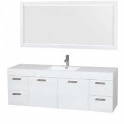 72 inch Single Bathroom Vanity in Glossy White, Acrylic Resin Countertop, Integrated Sink, and 70 inch Mirror