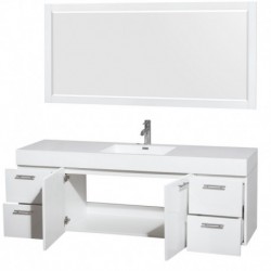 72 inch Single Bathroom Vanity in Glossy White, Acrylic Resin Countertop, Integrated Sink, and 70 inch Mirror