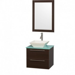 24 inch Single Bathroom Vanity in Espresso with Green Glass Top with Bone Porcelain Sink, and 24 inch Mirror