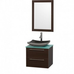 24 inch Single Bathroom Vanity in Espresso with Green Glass Top with Black Granite Sink, and 24 inch Mirror