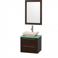 24 inch Single Bathroom Vanity in Espresso with Green Glass Top with Ivory Marble Sink, and 24 inch Mirror