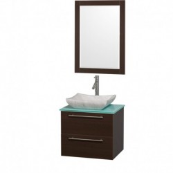 24 inch Single Bathroom Vanity in Espresso with Green Glass Top with Carrera Marble Sink, and 24 inch Mirror