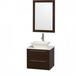 24 inch Single Bathroom Vanity in Espresso with White Man-Made Stone Top with Bone Porcelain Sink, and 24 inch Mirror