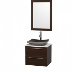 24 inch Single Bathroom Vanity in Espresso with White Man-Made Stone Top with Black Granite Sink, and 24 inch Mirror