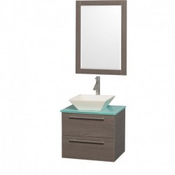 24 inch Single Bathroom Vanity in Gray Oak with Green Glass Top with Bone Porcelain Sink, and 24 inch Mirror