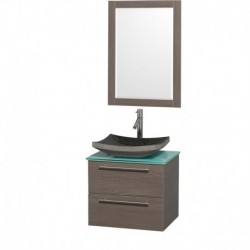 24 inch Single Bathroom Vanity in Gray Oak with Green Glass Top with Black Granite Sink, and 24 inch Mirror