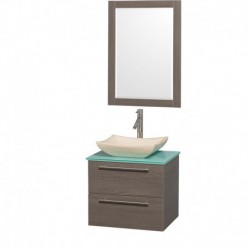 24 inch Single Bathroom Vanity in Gray Oak with Green Glass Top with Ivory Marble Sink, and 24 inch Mirror