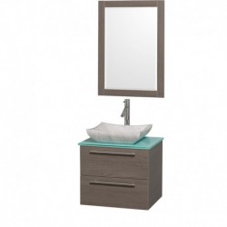 24 inch Single Bathroom Vanity in Gray Oak with Green Glass Top with Carrera Marble Sink, and 24 inch Mirror