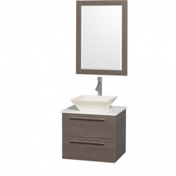 24 inch Single Bathroom Vanity in Gray Oak with White Man-Made Stone Top with Bone Porcelain Sink, and 24 inch Mirror