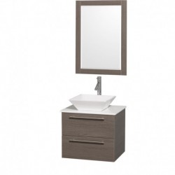 24 inch Single Bathroom Vanity in Gray Oak with White Man-Made Stone Top with White Porcelain Sink, and 24 inch Mirror