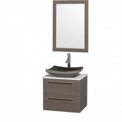 24 inch Single Bathroom Vanity in Gray Oak with White Man-Made Stone Top with Black Granite Sink, and 24 inch Mirror