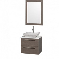 24 inch Single Bathroom Vanity in Gray Oak with White Man-Made Stone Top with Carrera Marble Sink, and 24 inch Mirror