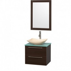 24 inch Single Bathroom Vanity in Espresso, Green Glass Countertop, Arista Ivory Marble Sink, and 24 inch Mirror