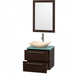 24 inch Single Bathroom Vanity in Espresso, Green Glass Countertop, Arista Ivory Marble Sink, and 24 inch Mirror