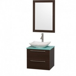 24 inch Single Bathroom Vanity in Espresso, Green Glass Countertop, Arista White Carrera Marble Sink, and 24 inch Mirror