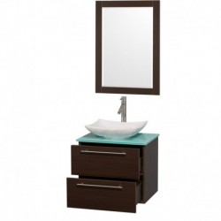 24 inch Single Bathroom Vanity in Espresso, Green Glass Countertop, Arista White Carrera Marble Sink, and 24 inch Mirror