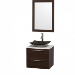 24 inch Single Bathroom Vanity in Espresso, White Man-Made Stone Countertop, Arista Black Granite Sink, and 24 inch Mirror