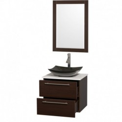 24 inch Single Bathroom Vanity in Espresso, White Man-Made Stone Countertop, Arista Black Granite Sink, and 24 inch Mirror