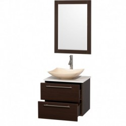 24 inch Single Bathroom Vanity in Espresso, White Man-Made Stone Countertop, Arista Ivory Marble Sink, and 24 inch Mirror
