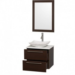 24 inch Single Bathroom Vanity in Espresso, White Man-Made Stone Countertop, Arista White Carrera Marble Sink, and 24 inch Mirr