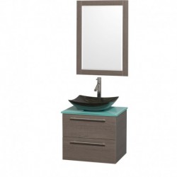 24 inch Single Bathroom Vanity in Gray Oak, Green Glass Countertop, Arista Black Granite Sink, and 24 inch Mirror