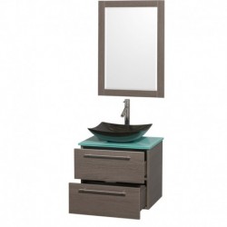 24 inch Single Bathroom Vanity in Gray Oak, Green Glass Countertop, Arista Black Granite Sink, and 24 inch Mirror