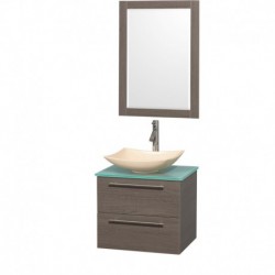 24 inch Single Bathroom Vanity in Gray Oak, Green Glass Countertop, Arista Ivory Marble Sink, and 24 inch Mirror