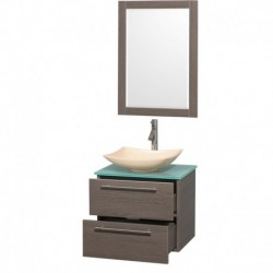 24 inch Single Bathroom Vanity in Gray Oak, Green Glass Countertop, Arista Ivory Marble Sink, and 24 inch Mirror