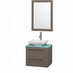 24 inch Single Bathroom Vanity in Gray Oak, Green Glass Countertop, Arista White Carrera Marble Sink, and 24 inch Mirror