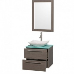 24 inch Single Bathroom Vanity in Gray Oak, Green Glass Countertop, Arista White Carrera Marble Sink, and 24 inch Mirror