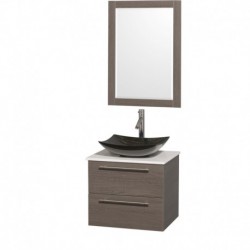 24 inch Single Bathroom Vanity in Gray Oak, White Man-Made Stone Countertop, Arista Black Granite Sink, and 24 inch Mirror