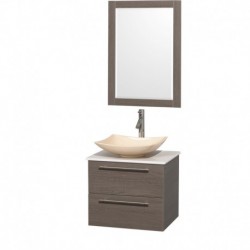 24 inch Single Bathroom Vanity in Gray Oak, White Man-Made Stone Countertop, Arista Ivory Marble Sink, and 24 inch Mirror
