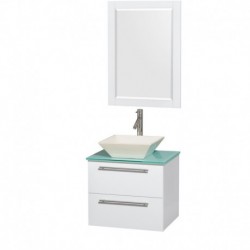 24 inch Single Bathroom Vanity in Glossy White, Green Glass Countertop, Pyra Bone Porcelain Sink, and 24 inch Mirror