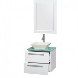 24 inch Single Bathroom Vanity in Glossy White, Green Glass Countertop, Pyra Bone Porcelain Sink, and 24 inch Mirror