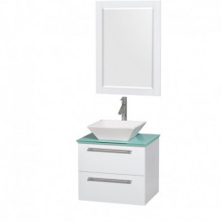 24 inch Single Bathroom Vanity in Glossy White, Green Glass Countertop, Pyra White Sink, and 24 inch Mirror