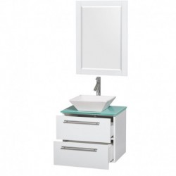 24 inch Single Bathroom Vanity in Glossy White, Green Glass Countertop, Pyra White Sink, and 24 inch Mirror