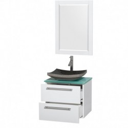 24 inch Single Bathroom Vanity in Glossy White, Green Glass Countertop, Altair Black Granite Sink, and 24 inch Mirror