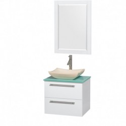 24 inch Single Bathroom Vanity in Glossy White, Green Glass Countertop, Avalon Ivory Marble Sink, and 24 inch Mirror