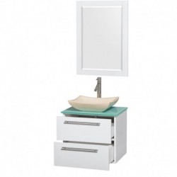 24 inch Single Bathroom Vanity in Glossy White, Green Glass Countertop, Avalon Ivory Marble Sink, and 24 inch Mirror