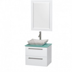 24 inch Single Bathroom Vanity in Glossy White, Green Glass Countertop, Avalon White Carrera Marble Sink, and 24 inch Mirror