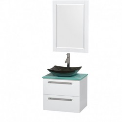 24 inch Single Bathroom Vanity in Glossy White, Green Glass Countertop, Arista Black Granite Sink, and 24 inch Mirror